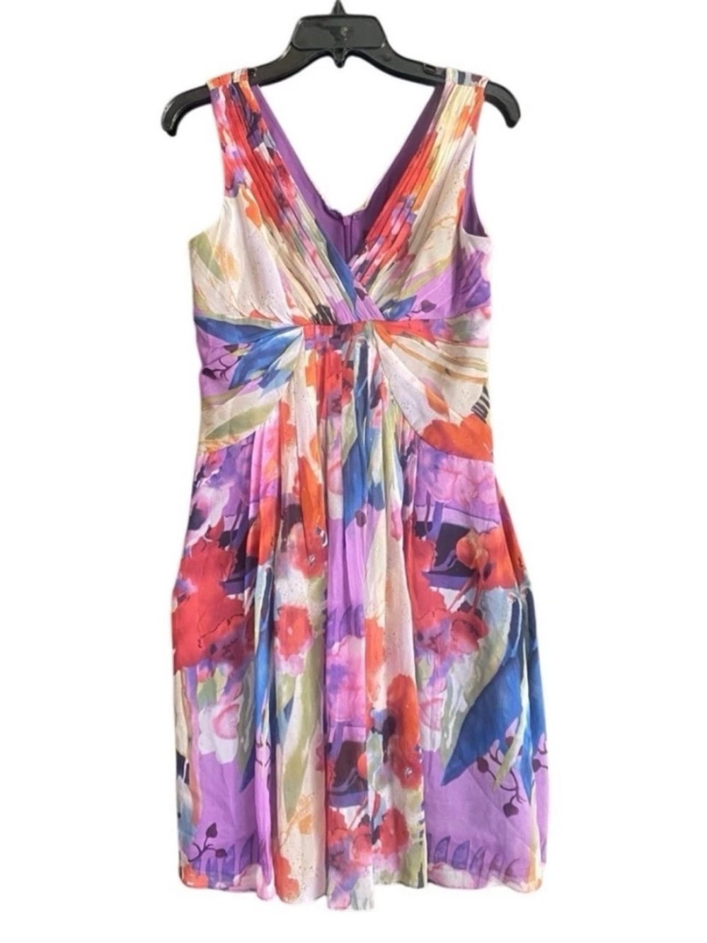 Adrianna Papell Colorful V-Neck Knee Length Silk Party Dress. Size Medium